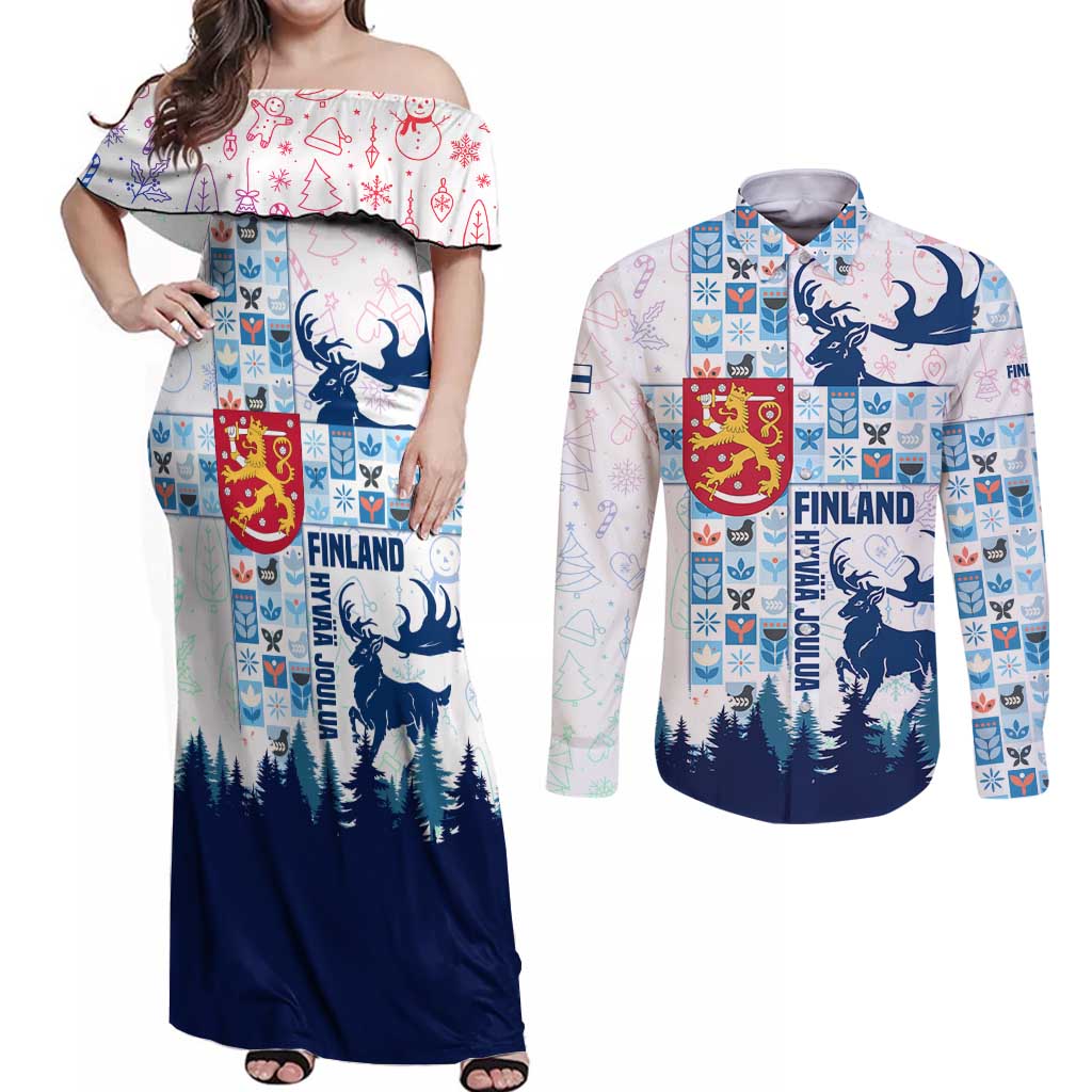 Finland Christmas Couples Matching Off Shoulder Maxi Dress and Long Sleeve Button Shirt with Reindeer Forest Crest and Nordic Pattern Design - Wonder Print Shop