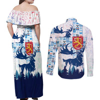 Finland Christmas Couples Matching Off Shoulder Maxi Dress and Long Sleeve Button Shirt with Reindeer Forest Crest and Nordic Pattern Design - Wonder Print Shop
