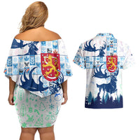 Finland Christmas Couples Matching Off Shoulder Short Dress and Hawaiian Shirt with Reindeer Forest Crest and Nordic Pattern Design - Wonder Print Shop