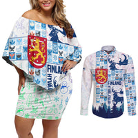 Finland Christmas Couples Matching Off Shoulder Short Dress and Long Sleeve Button Shirt with Reindeer Forest Crest and Nordic Pattern Design - Wonder Print Shop