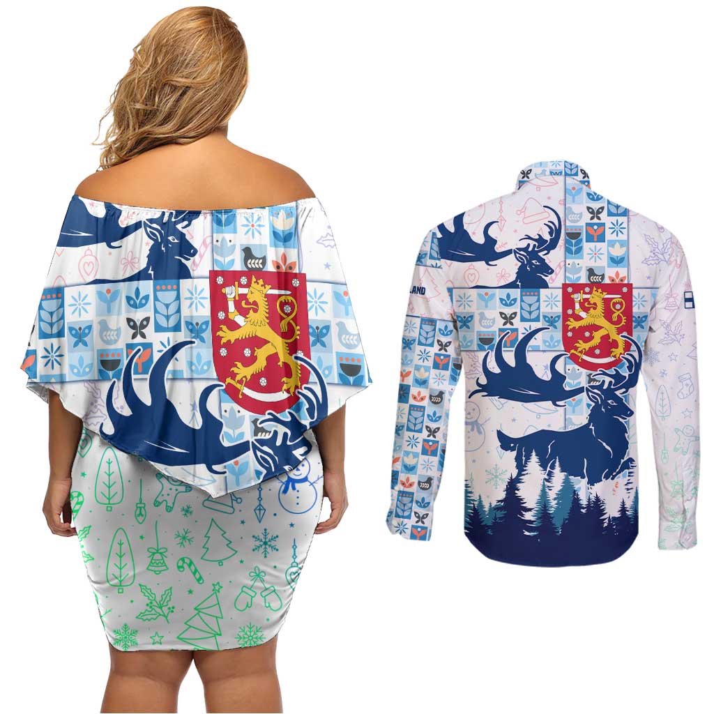 Finland Christmas Couples Matching Off Shoulder Short Dress and Long Sleeve Button Shirt with Reindeer Forest Crest and Nordic Pattern Design - Wonder Print Shop