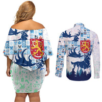 Finland Christmas Couples Matching Off Shoulder Short Dress and Long Sleeve Button Shirt with Reindeer Forest Crest and Nordic Pattern Design - Wonder Print Shop