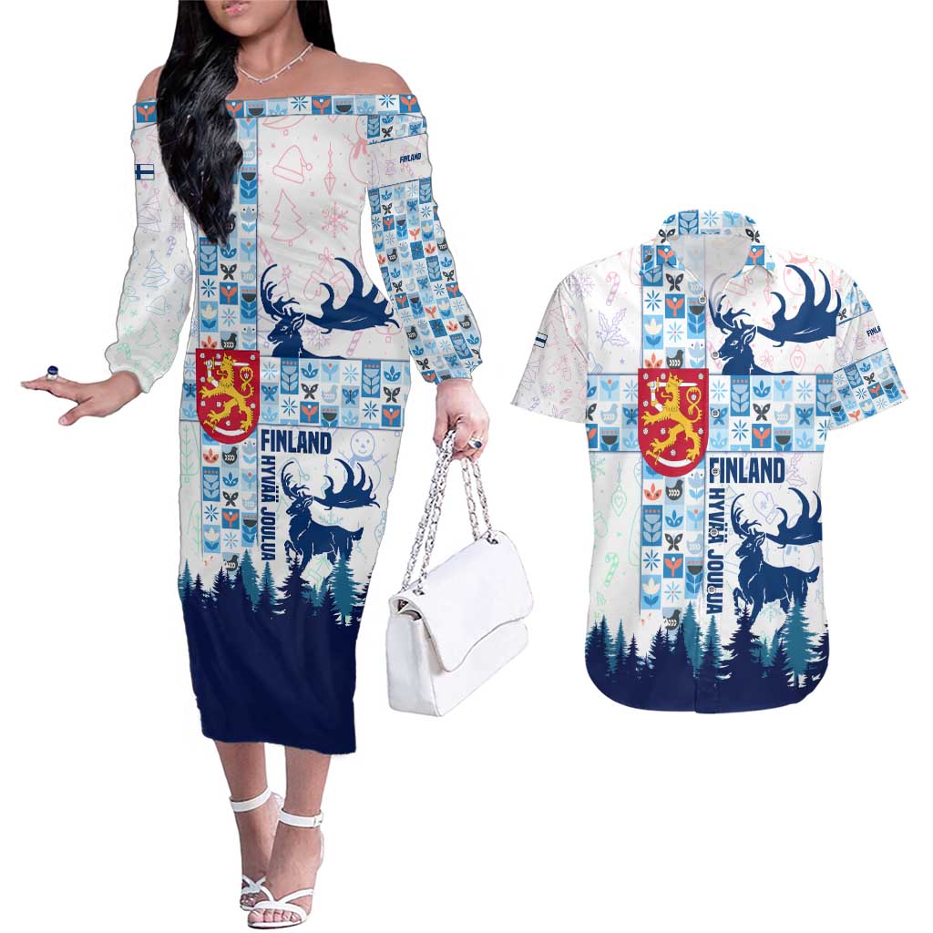 Finland Christmas Couples Matching Off The Shoulder Long Sleeve Dress and Hawaiian Shirt with Reindeer Forest Crest and Nordic Pattern Design - Wonder Print Shop