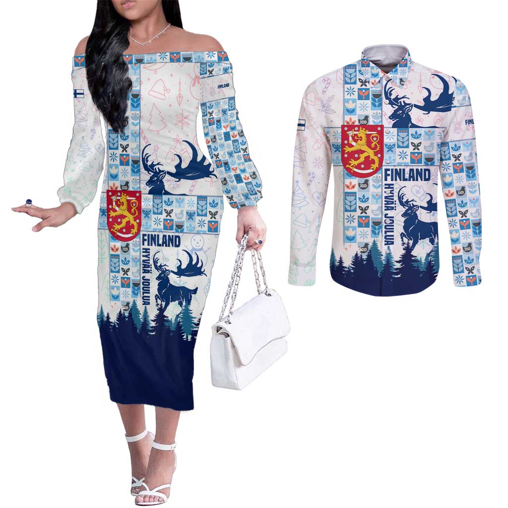 Finland Christmas Couples Matching Off The Shoulder Long Sleeve Dress and Long Sleeve Button Shirt with Reindeer Forest Crest and Nordic Pattern Design - Wonder Print Shop