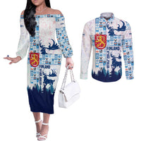 Finland Christmas Couples Matching Off The Shoulder Long Sleeve Dress and Long Sleeve Button Shirt with Reindeer Forest Crest and Nordic Pattern Design - Wonder Print Shop