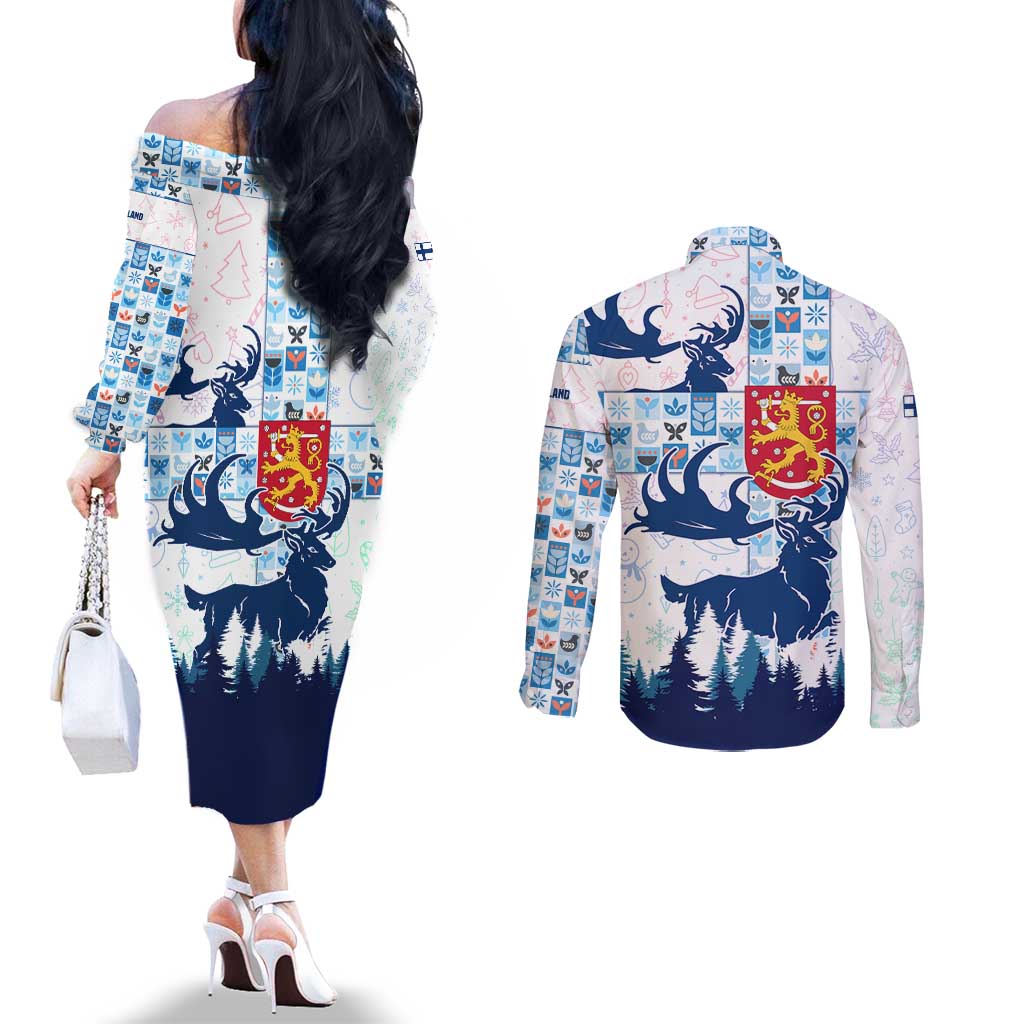 Finland Christmas Couples Matching Off The Shoulder Long Sleeve Dress and Long Sleeve Button Shirt with Reindeer Forest Crest and Nordic Pattern Design - Wonder Print Shop