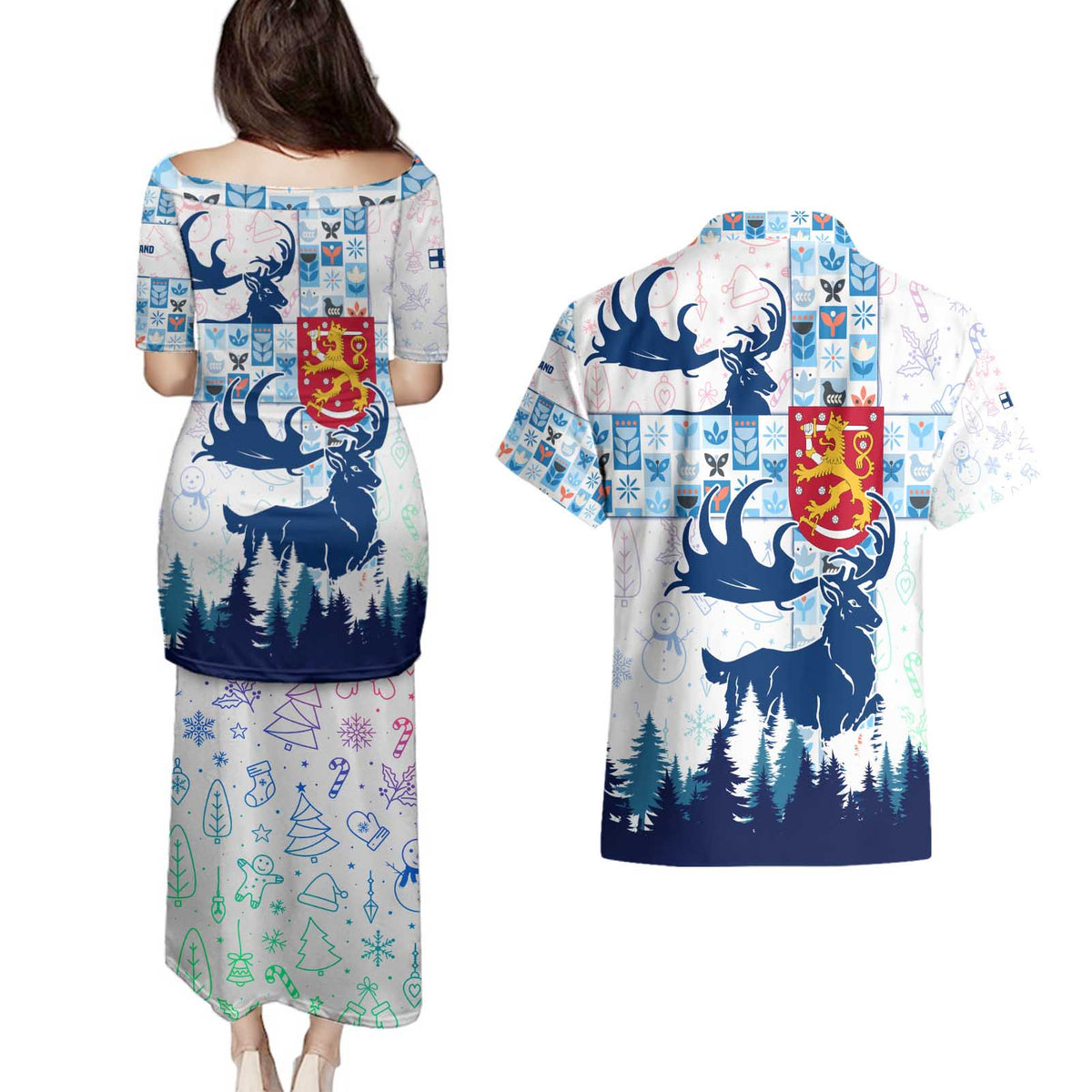 Finland Christmas Couples Matching Puletasi and Hawaiian Shirt with Reindeer Forest Crest and Nordic Pattern Design - Wonder Print Shop