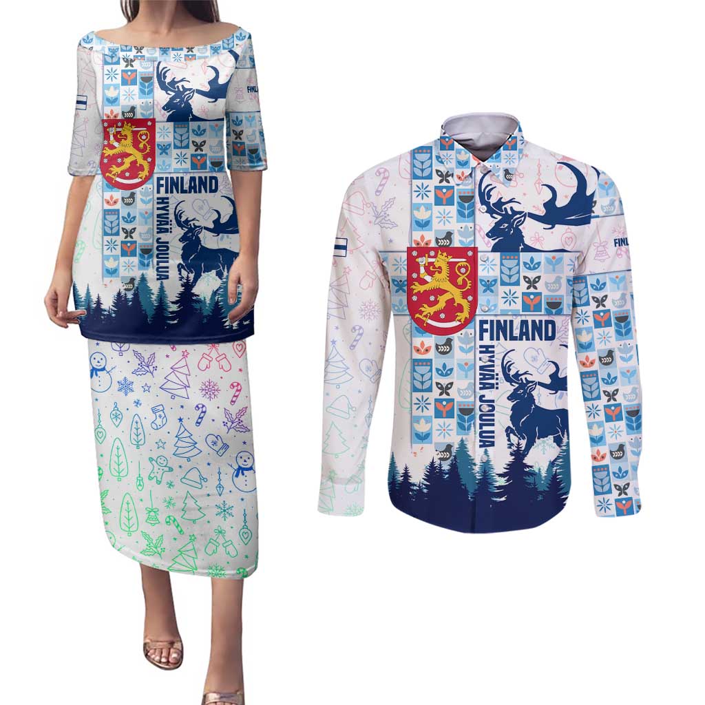 Finland Christmas Couples Matching Puletasi and Long Sleeve Button Shirt with Reindeer Forest Crest and Nordic Pattern Design - Wonder Print Shop