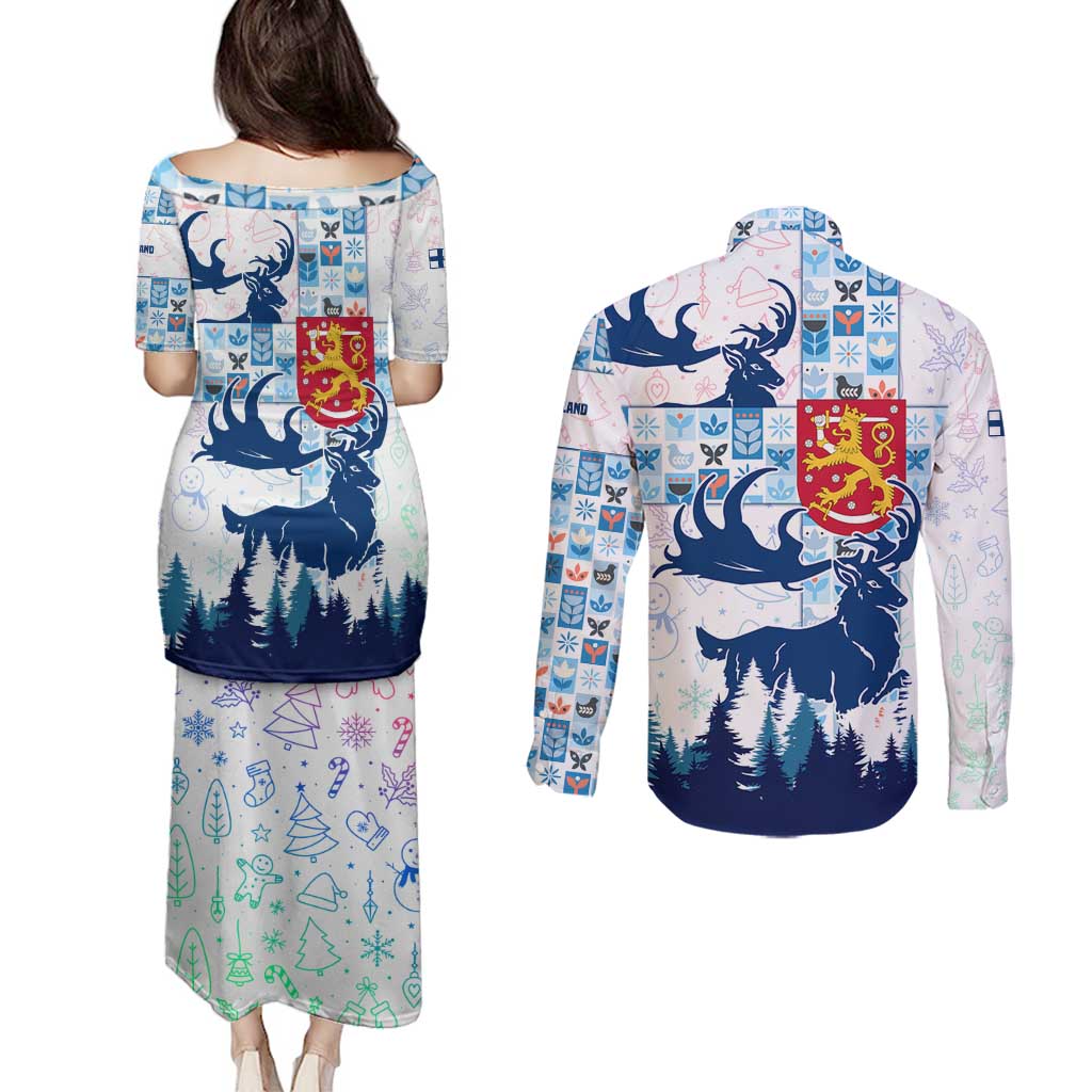 Finland Christmas Couples Matching Puletasi and Long Sleeve Button Shirt with Reindeer Forest Crest and Nordic Pattern Design - Wonder Print Shop