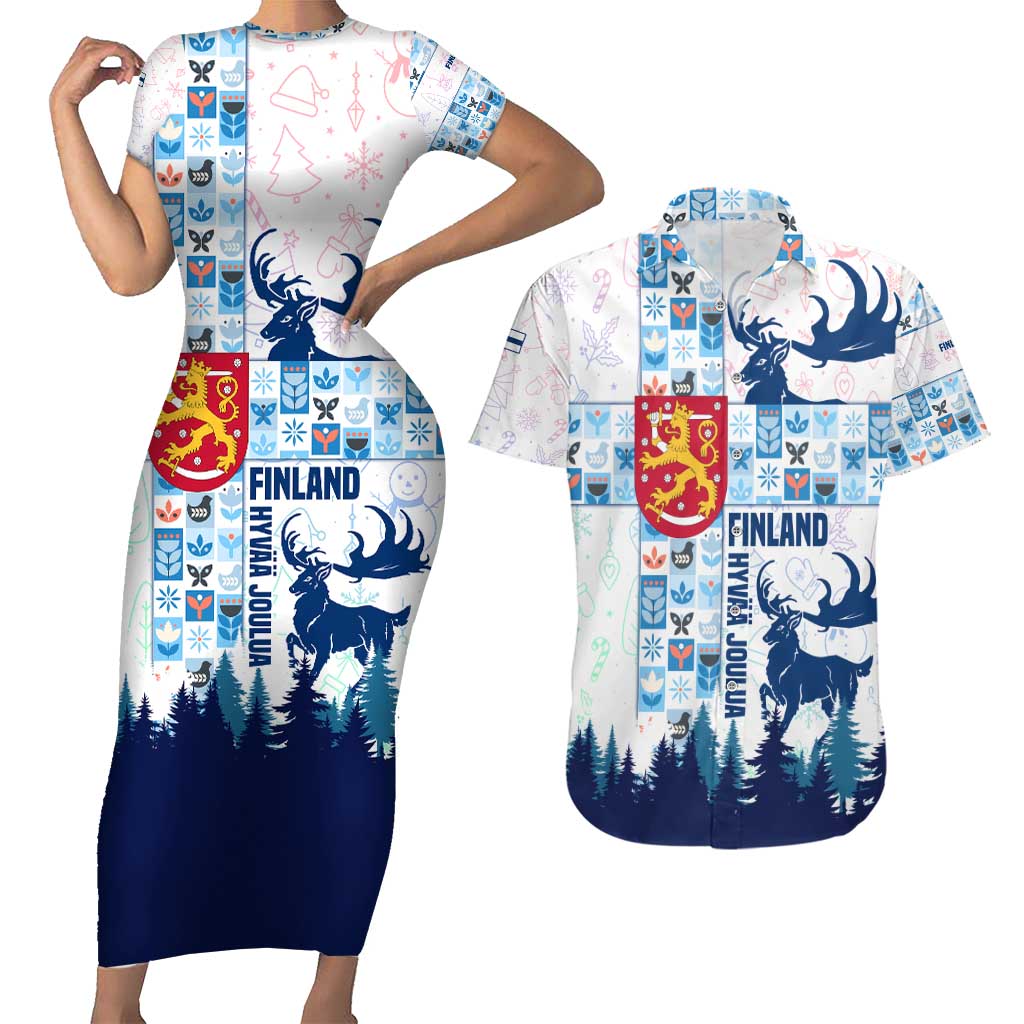 Finland Christmas Couples Matching Short Sleeve Bodycon Dress and Hawaiian Shirt with Reindeer Forest Crest and Nordic Pattern Design - Wonder Print Shop