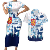 Finland Christmas Couples Matching Short Sleeve Bodycon Dress and Hawaiian Shirt with Reindeer Forest Crest and Nordic Pattern Design - Wonder Print Shop