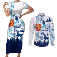 Finland Christmas Couples Matching Short Sleeve Bodycon Dress and Long Sleeve Button Shirt with Reindeer Forest Crest and Nordic Pattern Design - Wonder Print Shop