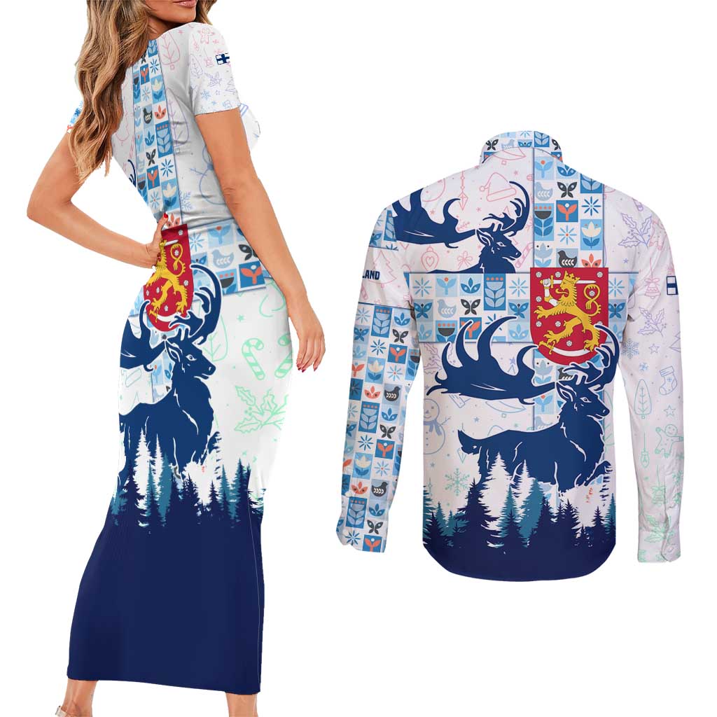 Finland Christmas Couples Matching Short Sleeve Bodycon Dress and Long Sleeve Button Shirt with Reindeer Forest Crest and Nordic Pattern Design - Wonder Print Shop