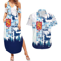 Finland Christmas Couples Matching Summer Maxi Dress and Hawaiian Shirt with Reindeer Forest Crest and Nordic Pattern Design - Wonder Print Shop