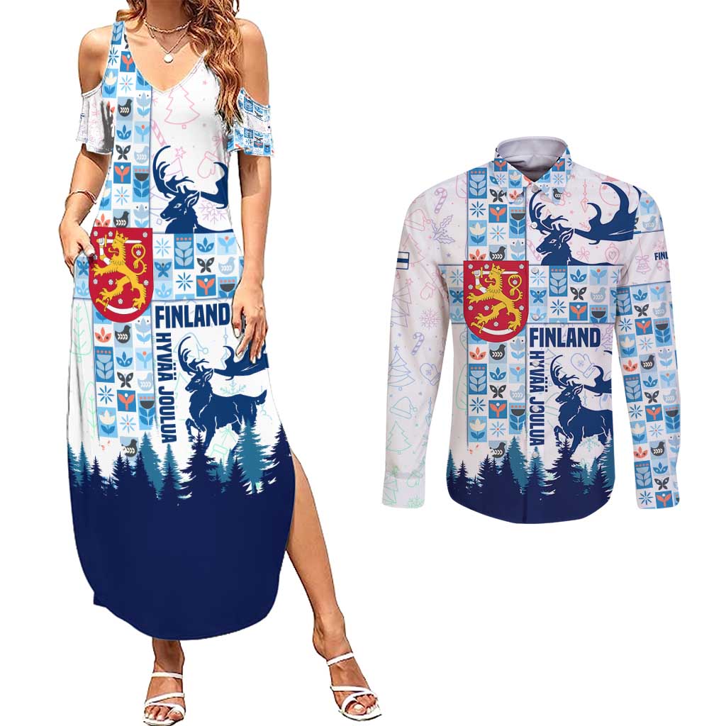 Finland Christmas Couples Matching Summer Maxi Dress and Long Sleeve Button Shirt with Reindeer Forest Crest and Nordic Pattern Design - Wonder Print Shop