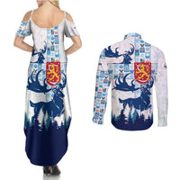 Finland Christmas Couples Matching Summer Maxi Dress and Long Sleeve Button Shirt with Reindeer Forest Crest and Nordic Pattern Design - Wonder Print Shop