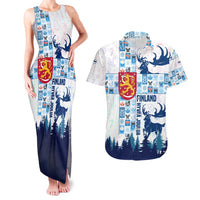 Finland Christmas Couples Matching Tank Maxi Dress and Hawaiian Shirt with Reindeer Forest Crest and Nordic Pattern Design - Wonder Print Shop