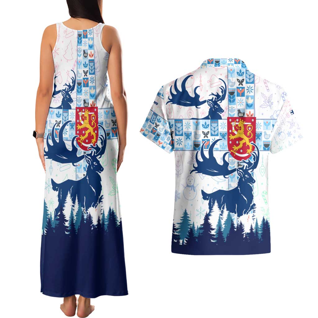 Finland Christmas Couples Matching Tank Maxi Dress and Hawaiian Shirt with Reindeer Forest Crest and Nordic Pattern Design - Wonder Print Shop