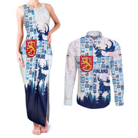 Finland Christmas Couples Matching Tank Maxi Dress and Long Sleeve Button Shirt with Reindeer Forest Crest and Nordic Pattern Design - Wonder Print Shop