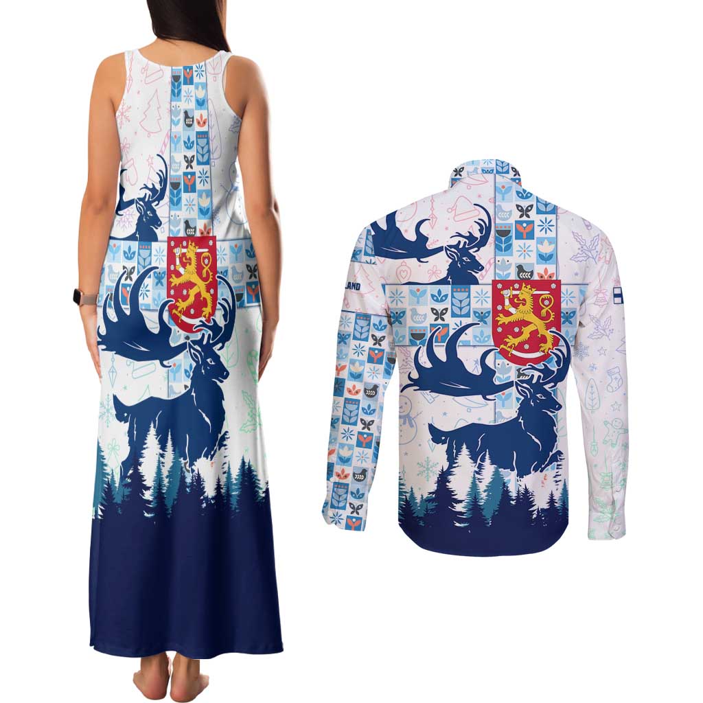 Finland Christmas Couples Matching Tank Maxi Dress and Long Sleeve Button Shirt with Reindeer Forest Crest and Nordic Pattern Design - Wonder Print Shop