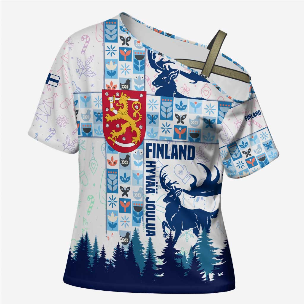 Finland Christmas Cross Shoulder Shirt with Reindeer Forest Crest and Nordic Pattern Design - Wonder Print Shop