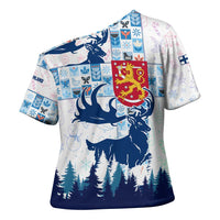 Finland Christmas Cross Shoulder Shirt with Reindeer Forest Crest and Nordic Pattern Design - Wonder Print Shop