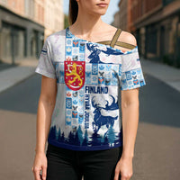 Finland Christmas Cross Shoulder Shirt with Reindeer Forest Crest and Nordic Pattern Design - Wonder Print Shop