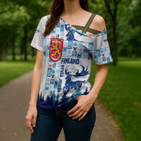 Finland Christmas Cross Shoulder Shirt with Reindeer Forest Crest and Nordic Pattern Design - Wonder Print Shop