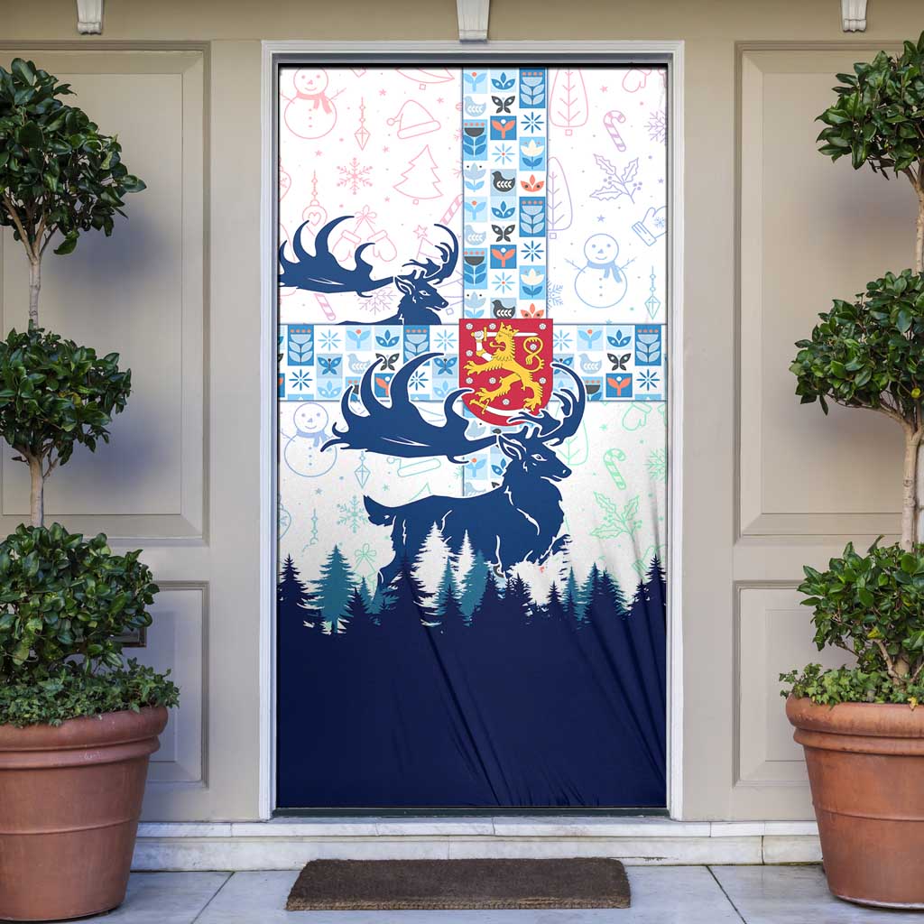 Finland Christmas Door Cover with Reindeer Forest Crest and Nordic Pattern Design - Wonder Print Shop