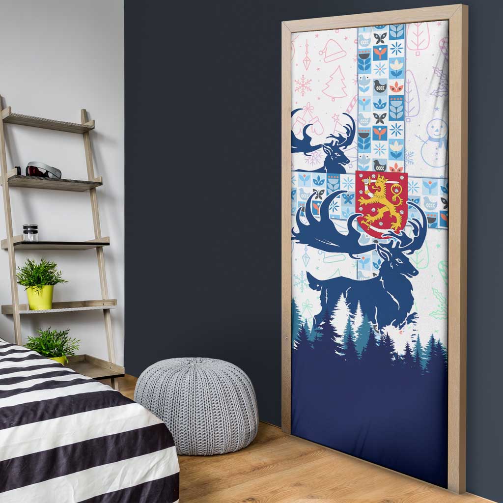 Finland Christmas Door Cover with Reindeer Forest Crest and Nordic Pattern Design - Wonder Print Shop