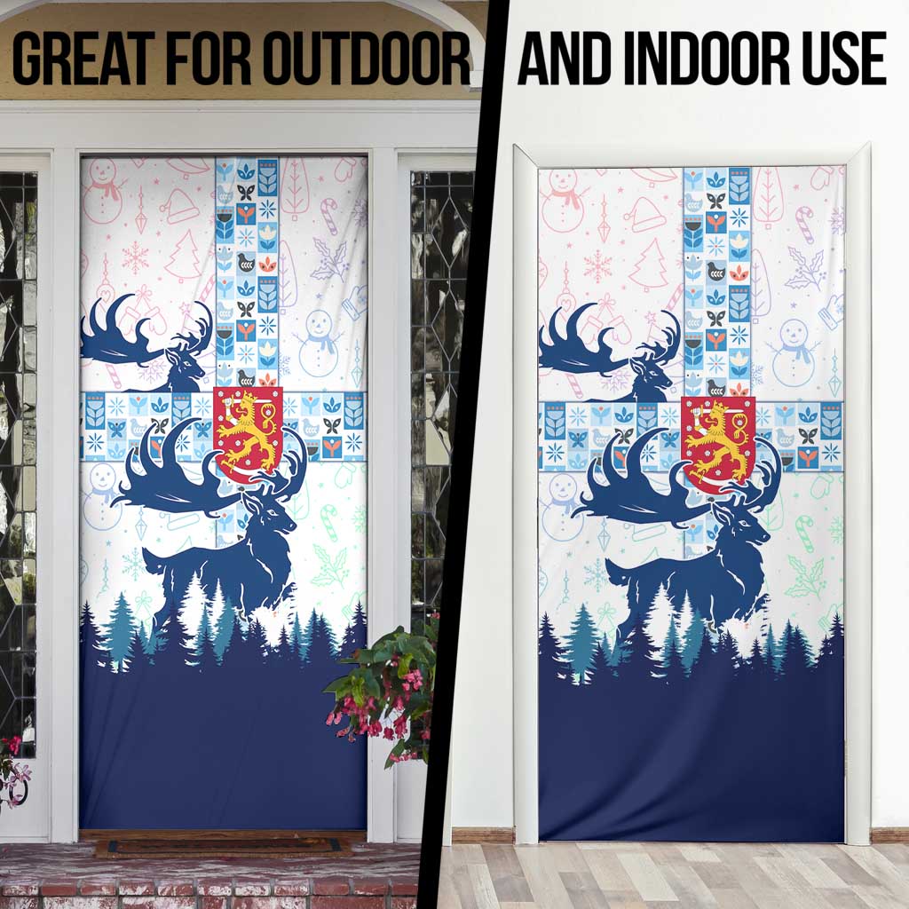 Finland Christmas Door Cover with Reindeer Forest Crest and Nordic Pattern Design - Wonder Print Shop
