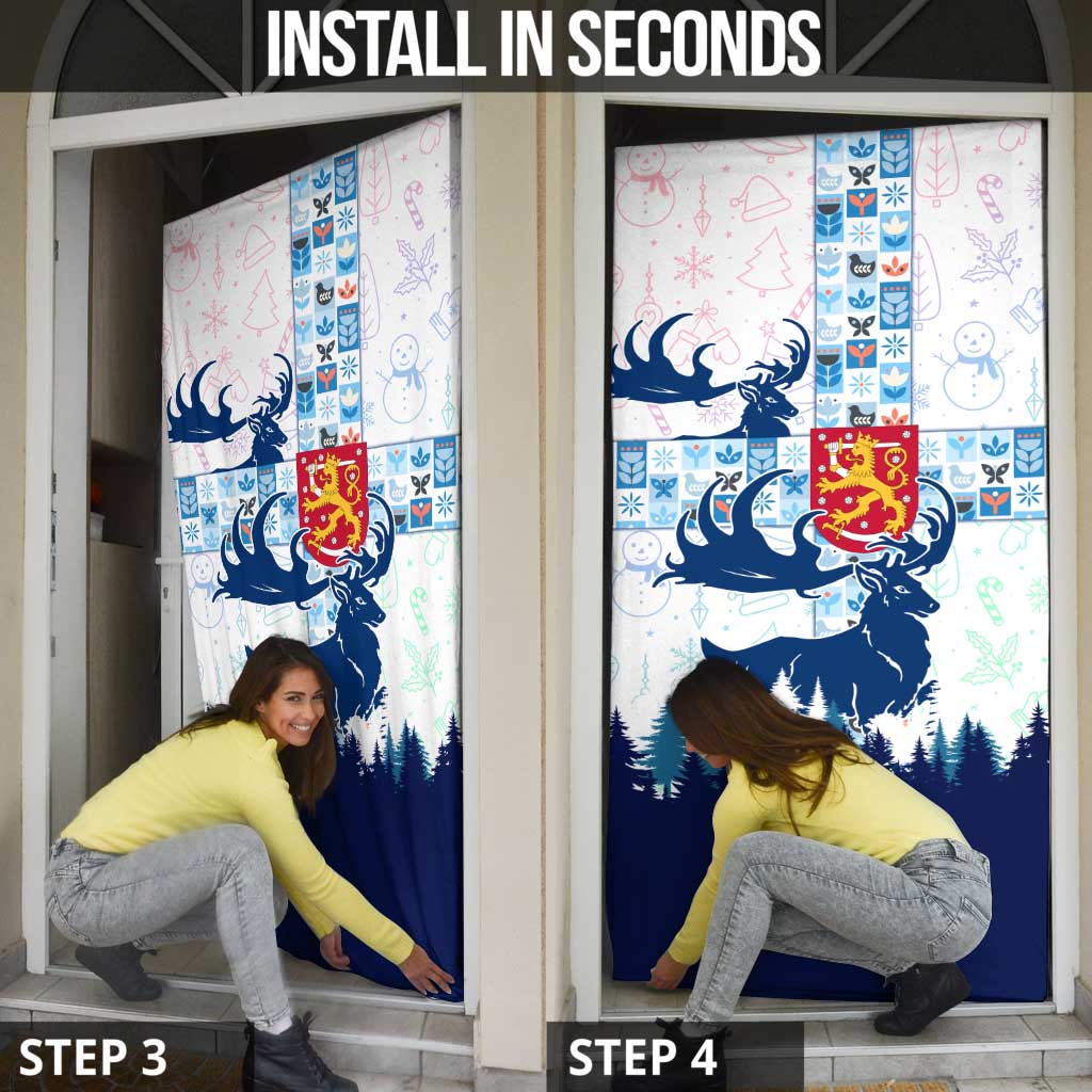 Finland Christmas Door Cover with Reindeer Forest Crest and Nordic Pattern Design - Wonder Print Shop