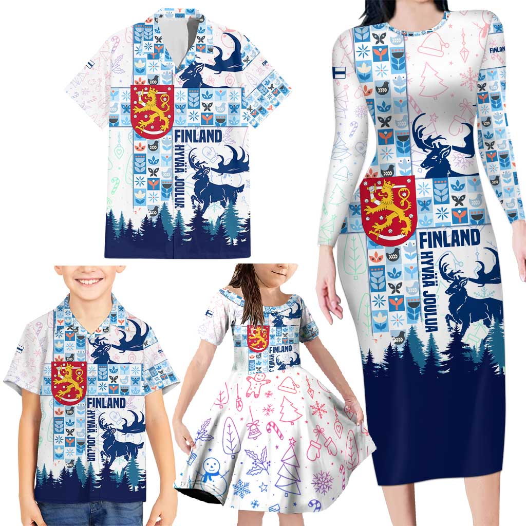 Finland Christmas Family Matching Long Sleeve Bodycon Dress and Hawaiian Shirt with Reindeer Forest Crest and Nordic Pattern Design - Wonder Print Shop