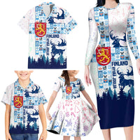 Finland Christmas Family Matching Long Sleeve Bodycon Dress and Hawaiian Shirt with Reindeer Forest Crest and Nordic Pattern Design - Wonder Print Shop