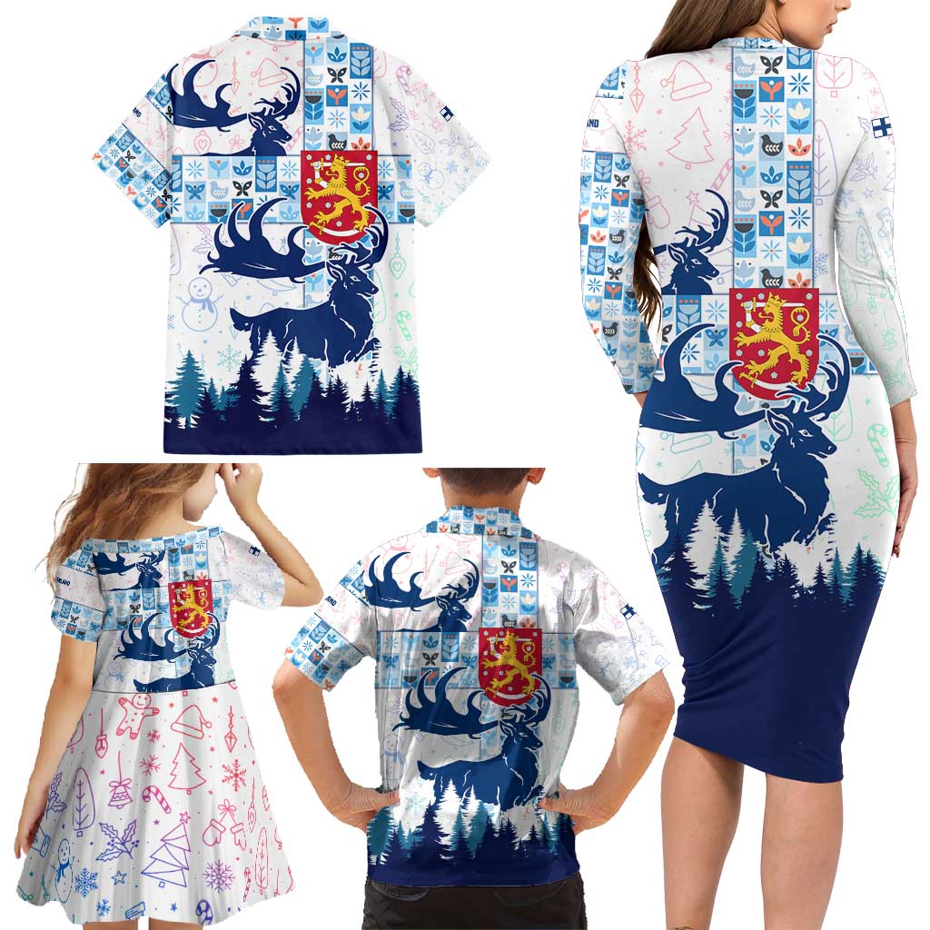 Finland Christmas Family Matching Long Sleeve Bodycon Dress and Hawaiian Shirt with Reindeer Forest Crest and Nordic Pattern Design - Wonder Print Shop