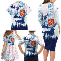 Finland Christmas Family Matching Long Sleeve Bodycon Dress and Hawaiian Shirt with Reindeer Forest Crest and Nordic Pattern Design - Wonder Print Shop