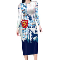 Finland Christmas Family Matching Long Sleeve Bodycon Dress and Hawaiian Shirt with Reindeer Forest Crest and Nordic Pattern Design - Wonder Print Shop