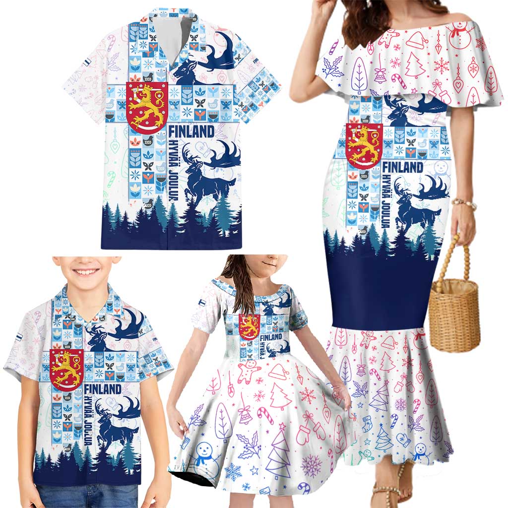Finland Christmas Family Matching Mermaid Dress and Hawaiian Shirt with Reindeer Forest Crest and Nordic Pattern Design - Wonder Print Shop