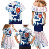 Finland Christmas Family Matching Mermaid Dress and Hawaiian Shirt with Reindeer Forest Crest and Nordic Pattern Design - Wonder Print Shop