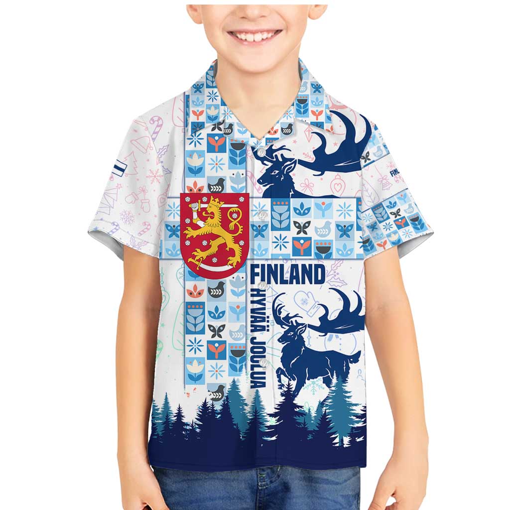 Finland Christmas Family Matching Mermaid Dress and Hawaiian Shirt with Reindeer Forest Crest and Nordic Pattern Design - Wonder Print Shop