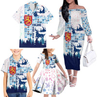 Finland Christmas Family Matching Off The Shoulder Long Sleeve Dress and Hawaiian Shirt with Reindeer Forest Crest and Nordic Pattern Design - Wonder Print Shop