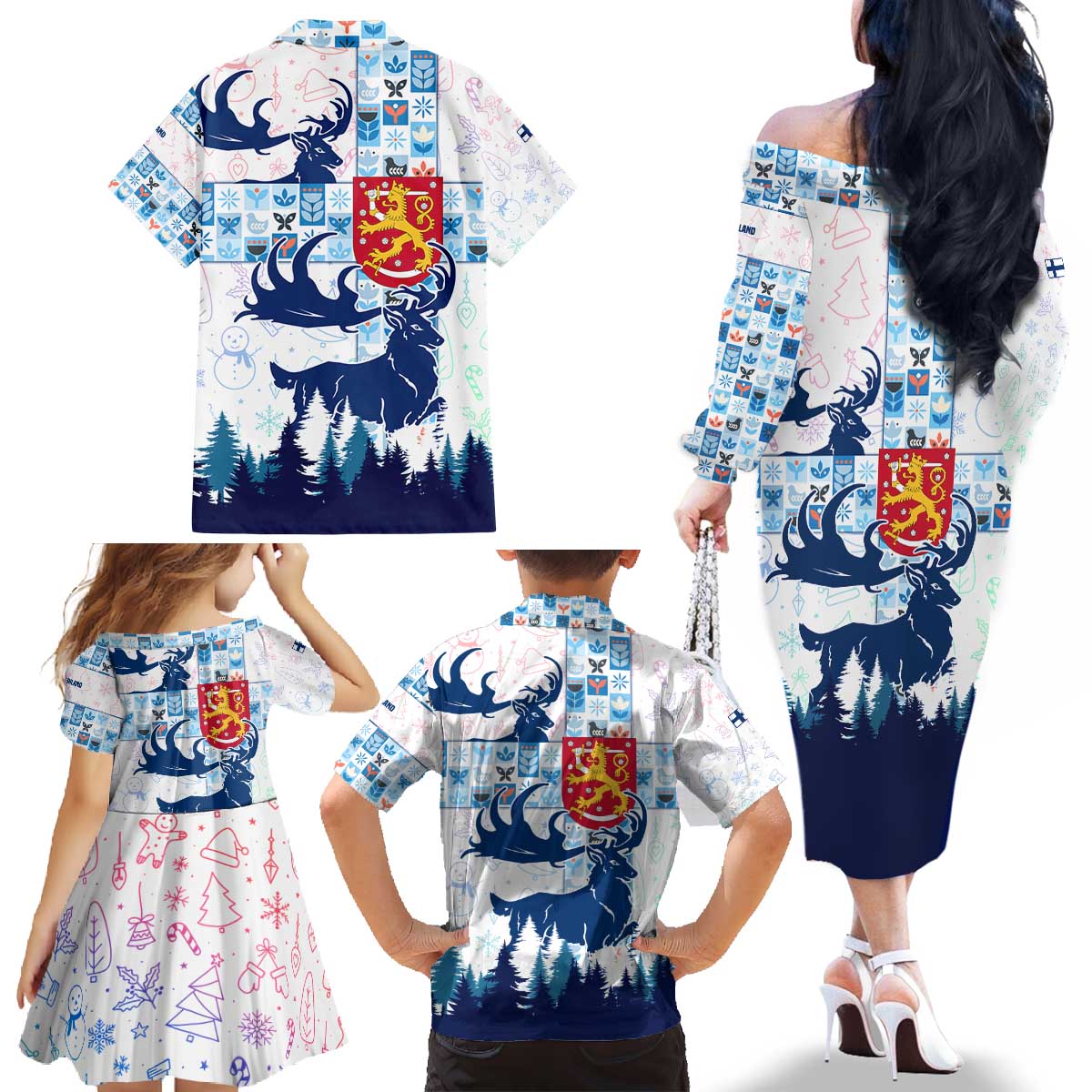 Finland Christmas Family Matching Off The Shoulder Long Sleeve Dress and Hawaiian Shirt with Reindeer Forest Crest and Nordic Pattern Design - Wonder Print Shop