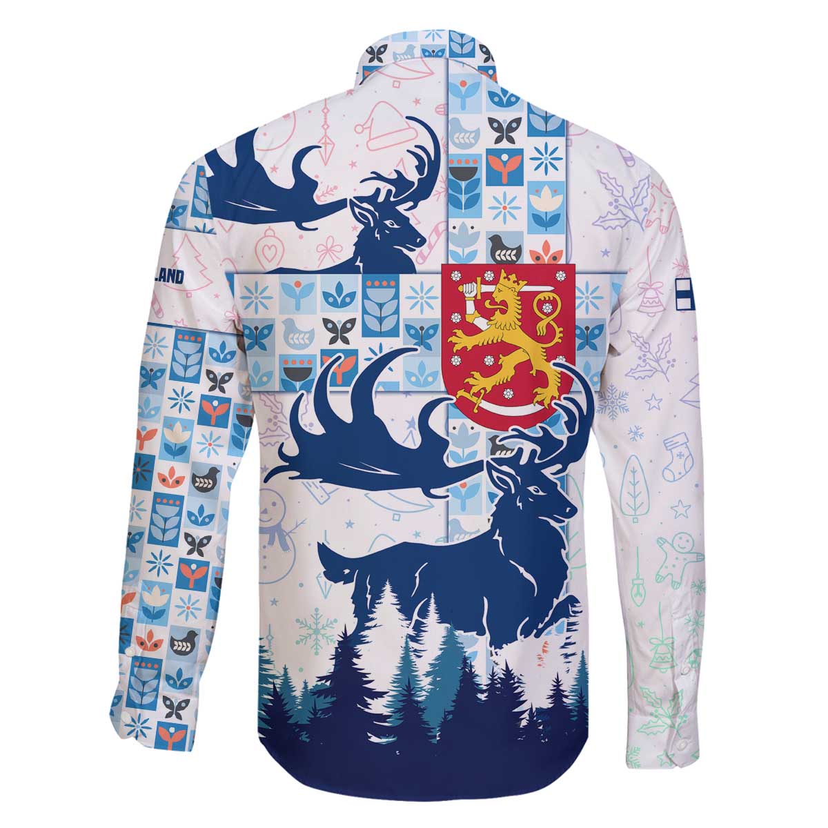 Finland Christmas Family Matching Off The Shoulder Long Sleeve Dress and Hawaiian Shirt with Reindeer Forest Crest and Nordic Pattern Design - Wonder Print Shop
