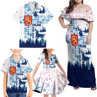 Finland Christmas Family Matching Off Shoulder Maxi Dress and Hawaiian Shirt with Reindeer Forest Crest and Nordic Pattern Design - Wonder Print Shop