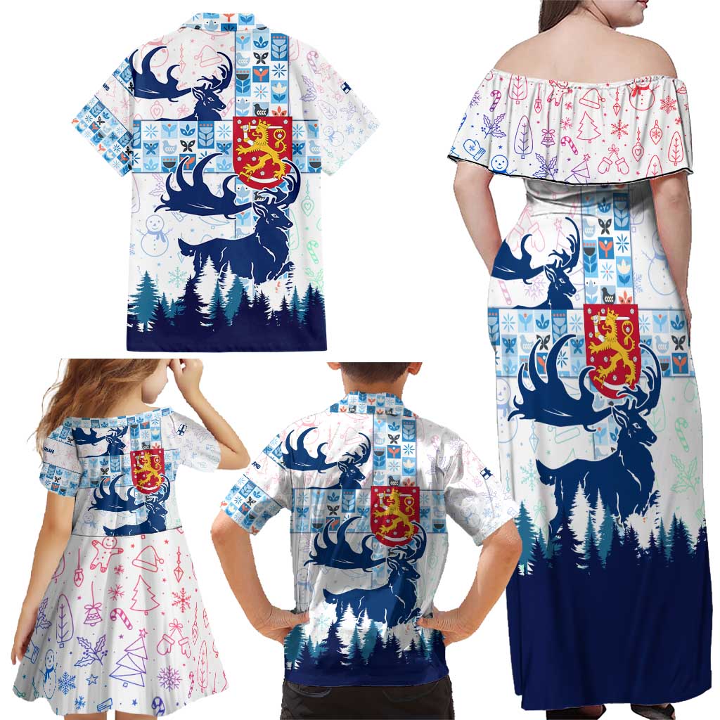 Finland Christmas Family Matching Off Shoulder Maxi Dress and Hawaiian Shirt with Reindeer Forest Crest and Nordic Pattern Design - Wonder Print Shop
