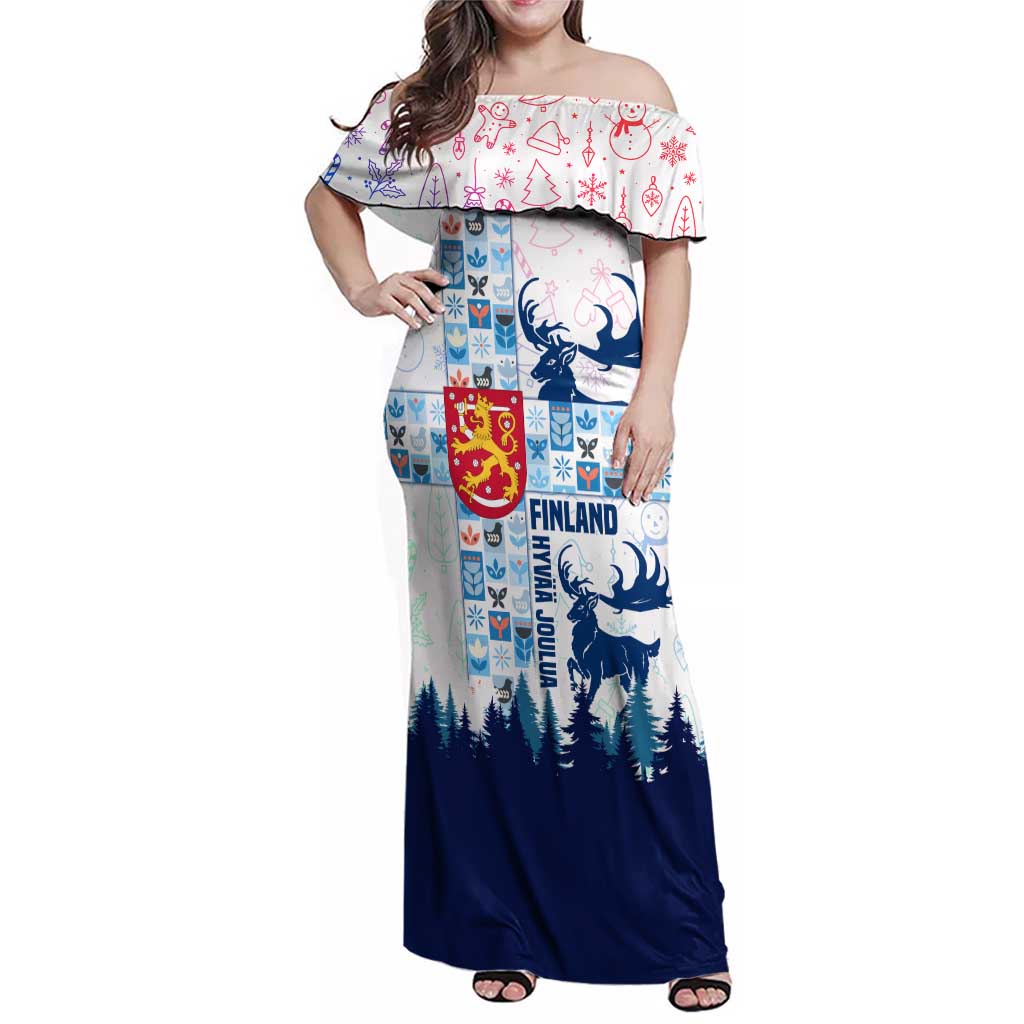 Finland Christmas Family Matching Off Shoulder Maxi Dress and Hawaiian Shirt with Reindeer Forest Crest and Nordic Pattern Design - Wonder Print Shop