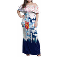 Finland Christmas Family Matching Off Shoulder Maxi Dress and Hawaiian Shirt with Reindeer Forest Crest and Nordic Pattern Design - Wonder Print Shop