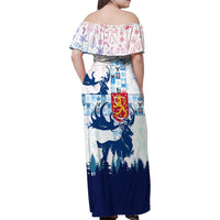 Finland Christmas Family Matching Off Shoulder Maxi Dress and Hawaiian Shirt with Reindeer Forest Crest and Nordic Pattern Design - Wonder Print Shop