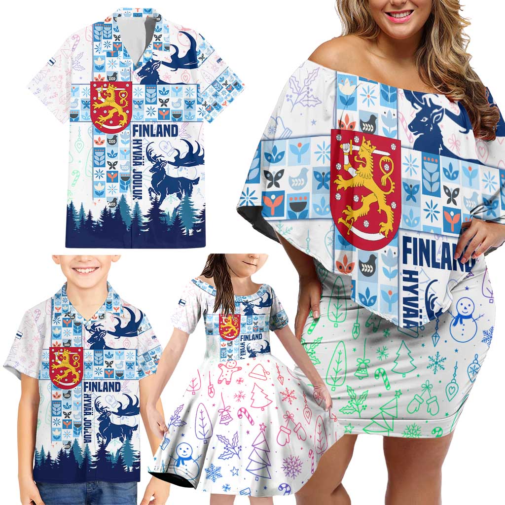Finland Christmas Family Matching Off Shoulder Short Dress and Hawaiian Shirt with Reindeer Forest Crest and Nordic Pattern Design - Wonder Print Shop