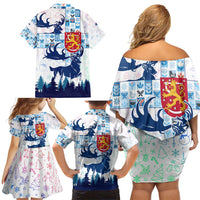 Finland Christmas Family Matching Off Shoulder Short Dress and Hawaiian Shirt with Reindeer Forest Crest and Nordic Pattern Design - Wonder Print Shop
